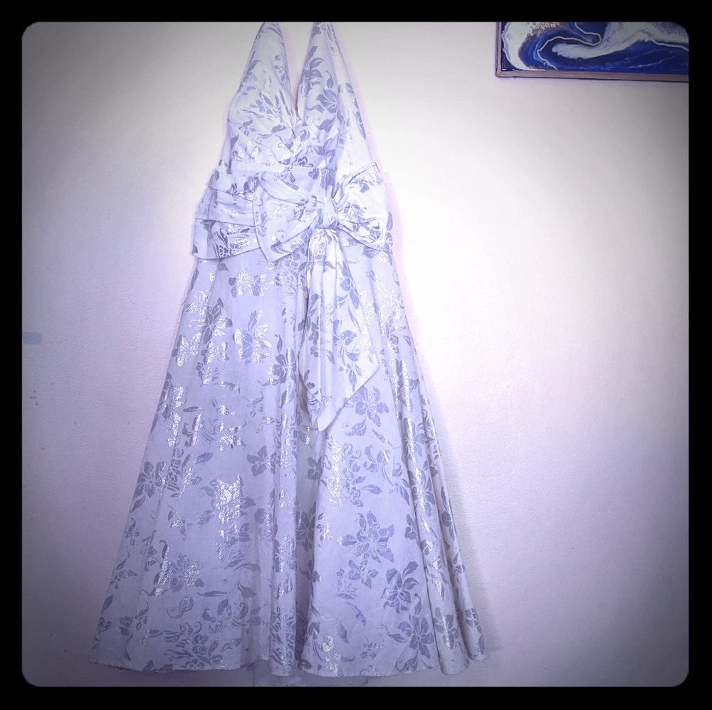 Roberta White Halter Dress with Silver Flowers
